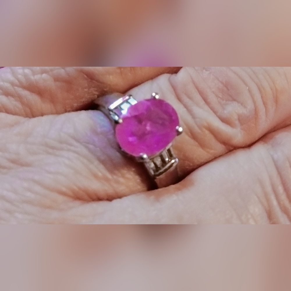 Ilakaka Hot Pink Sapphire FF and White Topaz Ring Platinum Over Sterling Silver